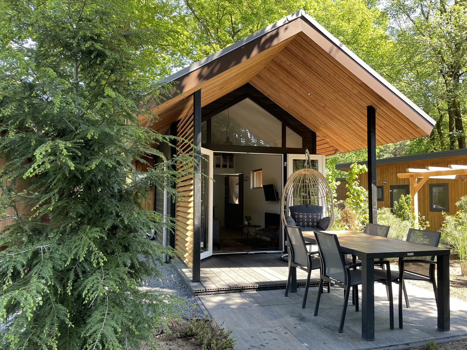 Houten Tiny Lodge met veranda en hangstoel tussen de bomen